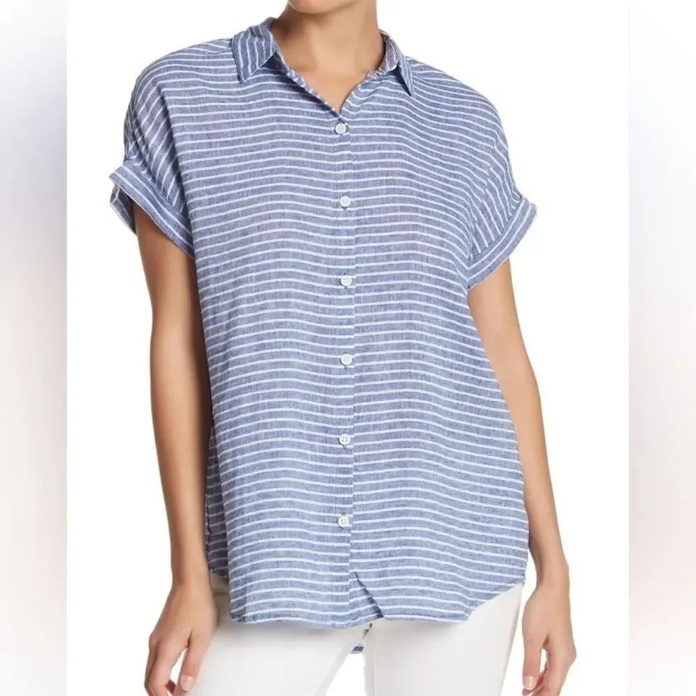 beachlunchlounge Striped Button‑Up Shirt Blue White  Short Sleeve Top Size L